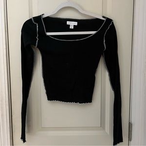 LAST CHANCE Topshop Long Sleeve Ruffle Hem Scoop Black Crop Tee Top XS • 0-2